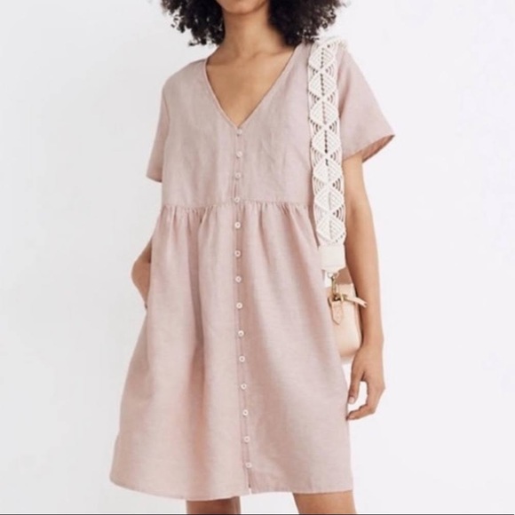 Madewell V-Neck Button Front Linen Blend Minidress in Antique Coral size Small - Picture 3 of 8